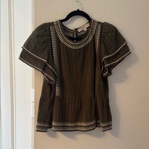 Loft Olive Blouse with White Embroidery